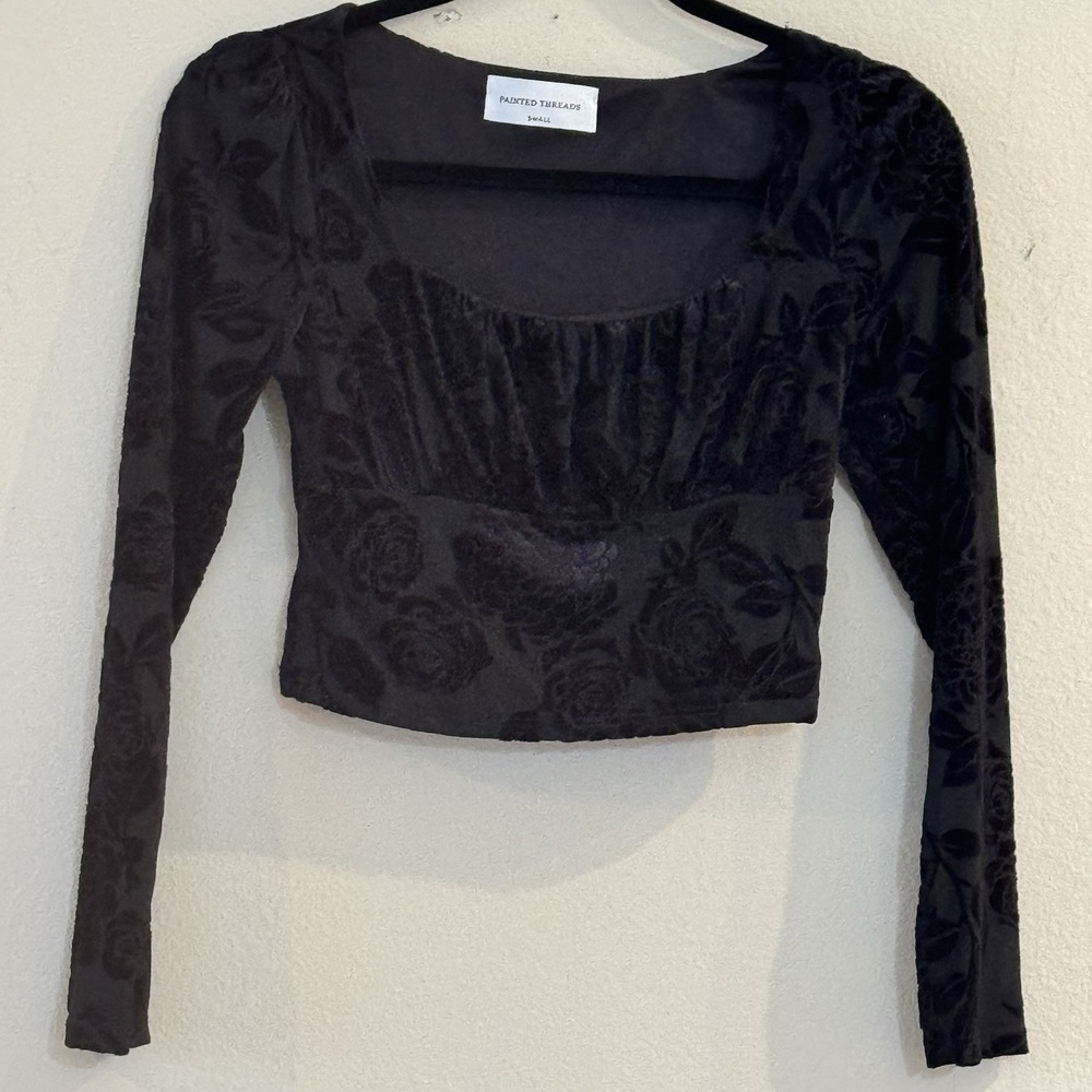 Painted Threads Floral Burnout Velvet Crop Top Puff Sleeve Cottagecore USA S